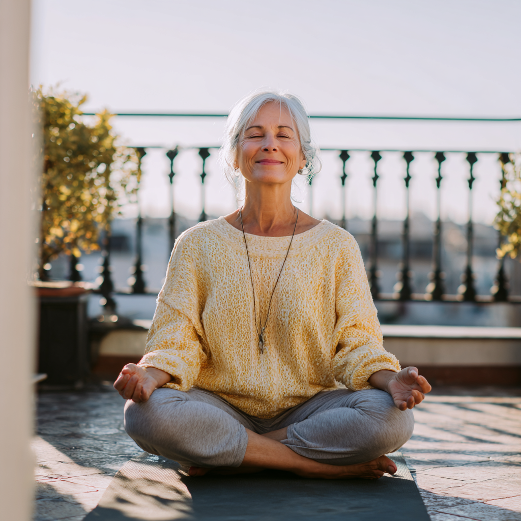 Romanian adult practicing breathing exercises in a peaceful yoga environment, smiling with relaxed posture