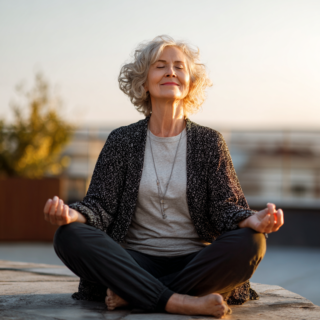 Romanian adults of various ages practicing chest mobility exercises together in a bright yoga studio, all smiling